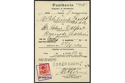 10 øre Chr. X annulleret “Gebyr Odder Postkontor” på Postbevis - F. Form. Nr. 1 (1/7 1919) - for afsendelse af postanvisning fra Odder d. 24.8.1920 til Aarhus. 