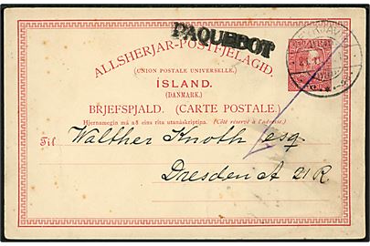 10 aur Chr. IX helsagskort fra Reykjavik d. 21.2.1911 transitstemplet med britisk skibsstempel PAQUEBOT til Dresden, Tyskland