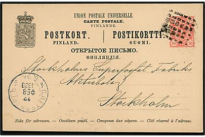 10 pen. helsagsbrevkort fra Sagu Kalkbruk annulleret med figurstempel og på bagsiden sidestemplet Åbo d- 23.2.1889 via St. Petersborg til Stockholm, Sverige.