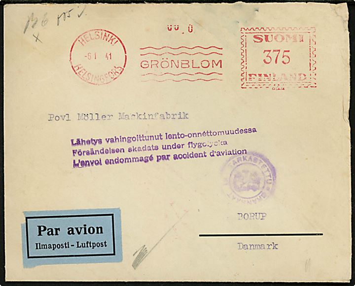 Finsk 3.75 mk. firmafranko på luftpostbrev fra Helsinki d. 6.11.1941 til Borup, Danmark. 3-sproget stempel: “Försändelsen skadats under flygolycka”. Vandskadet d. 7.11.1941 da finsk Aero O/Y Ju 52 OH-LAK “Sampo” forulykkede ved Åbo. Både finsk og dansk censur.