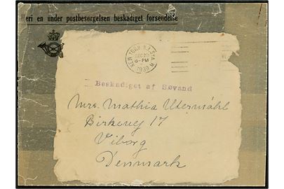 Brevforside fra New York d. 29.12.1939 fremsendt i pergamyn kuvert til Viborg, Danmark med liniestempel Beskadiget af Søvand. Befordret med DFDS skibe S/S Vidar, som blev torpederet i Nordsøen af tysk ubåd U21, på rejse fra Grimsby til Esbjerg d. 31.1. 1940. Ved forliset omkom hele besætningen.