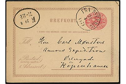 Svensk 10 öre helsagsbrevkort fra Malmö annulleret med antiqua skibsstempel “Fra Sverrig” d. 21.4.1878 til København, Danmark. Sen anvendelse.