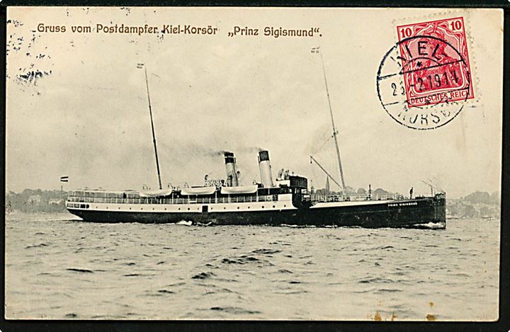 Tysk 10 pfg. Germania på billedside af brevkort (Tysk postdamper “Prinz Sigismund”) annulleret med dansk brotype IIg sejlende bureaustempel Kiel - ** Korsør d. 26.2.1914 til Bourg-la-Reine, Frankrig. 