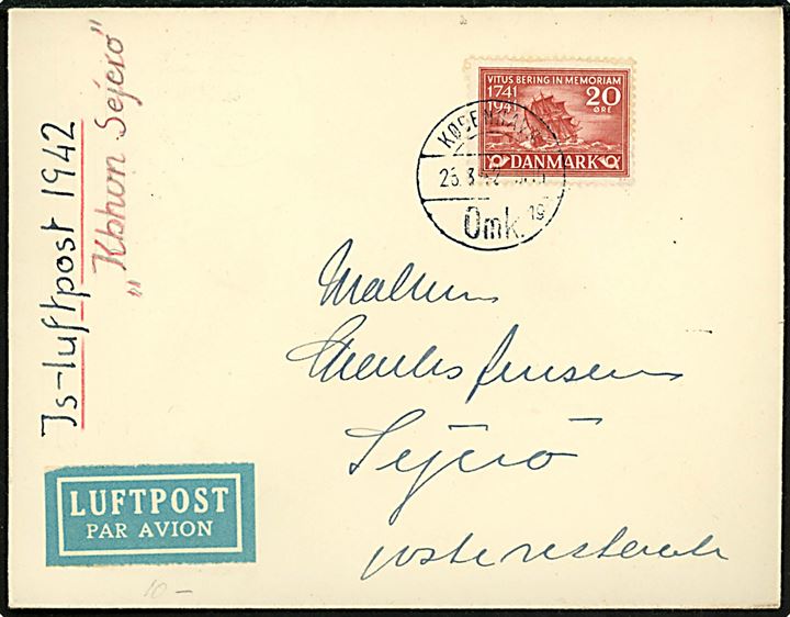 20 øre Vitus Bering på filatelistisk isluftpostbrev fra København d. 28.3.1942 nedkastet over Sejerø. Flyvning udført af DDL og ank.stemplet brotype IIc Sejerø d. 28.3.1942.