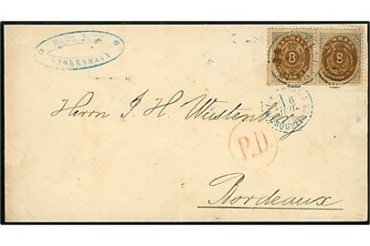 8 sk. Tofarvet (2) på brev fra København annulleret med kombineret nr.stempel “34”/Kiøbenhavn JP. d. 3.7.1873 til Bordeaux, Frankrig. Rødt “P.D.” stempel og fransk grænsestempel Danemark 2 Erquelines 2 d. 6.7.1873.