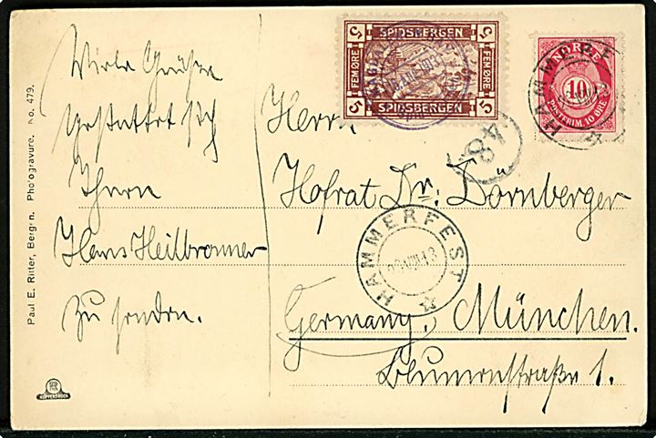 5 øre Spitsbergen udg. med violet stempel Magdalenen Bay *Spidsbergen* d. 16.8.1913 og 10 øre Posthorn stemplet annulleret Hammerfest d. 20.8.1913 på brevkort (Louis Meyer Bræen) til München, Tyskland. Sendt fra passager på HAL krydstogt med S/S “Victoria Luise”.