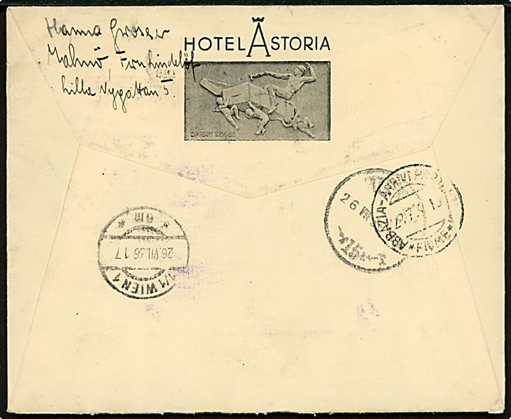 50 øre Luftpost single på luftpostbrev fra København d. 25.7.1936 til Wien, Østrig - opfrankeret med 45 gr. Tirol og eftersendt som overfladebrev fra Wien d. 27.7.1938 til Abbazzia, Italien.