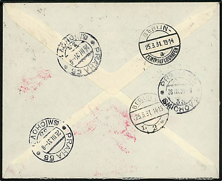 15 øre og 50 øre Luftpost på 65 øre frankeret anbefalet luftpostbrev fra Aalborg d. 24.3.1931 via Berlin til Prag, Tjekkoslovakiet. Tysk luftpoststempel: “Mit Luftpost befördert Zweigluftpostamt Berlin-Zentralflughafen”.