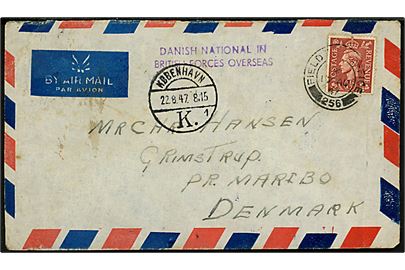 Britisk 1½d George VI på luftpostbrev stemplet “Danish National in British Forces Overseas” annulleret Field Post Office 256 (= Palestina) d. 17.8.1947 via København d. 22.8.1947 til Grimstrup pr. Maribo. Sendt fra dansk frivillig 14195524 Petersen i 20th Anti-Tank Regiment Royal Artillery, British Forces Palestine. Nusset.