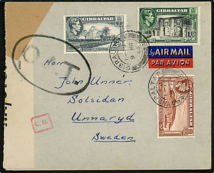 Røde Kors skib M/S “Bardaland”. Gibraltar 1/ 3d frankeret luftpostbrev fra “Bardaland” stemplet Gibraltar d. 8.3.1944 til Unnaryd, Sverige. Sort “O.A.T.”-stempel fra London. Åbnet af britisk censur i Gibraltar PC90/I.A.6181 med rammestempel “C.G.”. 