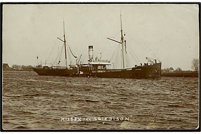 Edison, S/S, H. Kirschner D/S A/S, København. Fotokort benyttet fra Stettin 1908. Hj.skade.