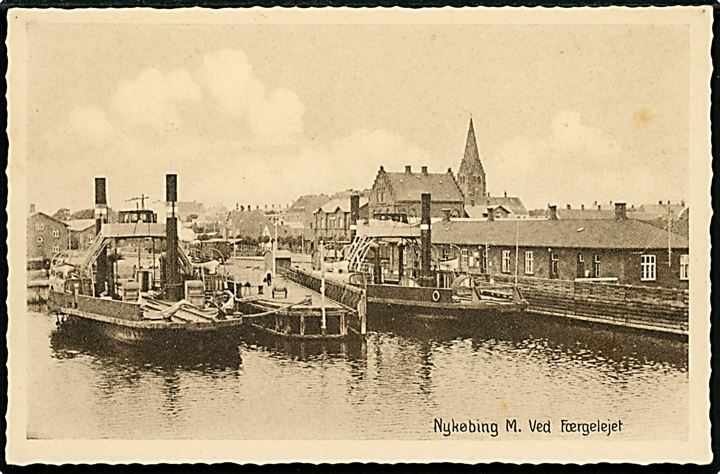 Nykøbing Mors. Ved færgelejet med 2 færger i havn. Stenders Nykøbing M. no. 6.