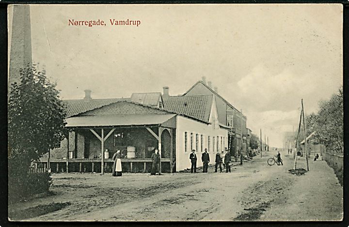 Vamdrup, Nørregade. P. Hansen u/no. Frankeret med 5 pfg. Germania annulleret Hadersleben - Aarösund Bahnpost Zug 20 d. 14.3.1909 til Kiel.