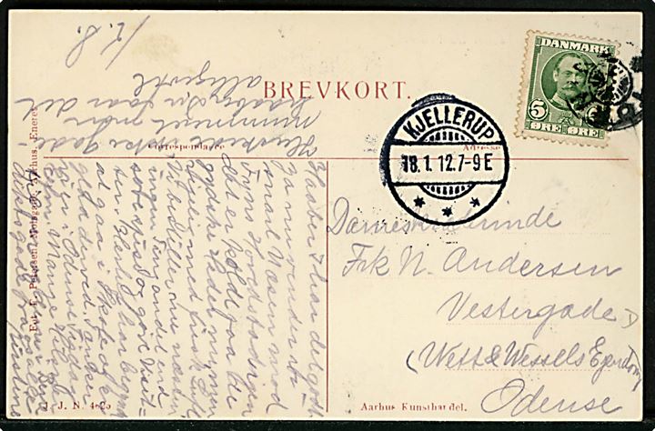 Thorning, partier fra. J.J.N. no. 4625. Frankeret med 5 øre Fr. VIII annulleret med svagt stjernestempel THORNING og sidestemplet Kjellerup d. 18.1.1912 til Odense.