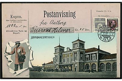 Aalborg, Postanvisning-hilsen med prospekt af jernbanestation. L. Levin u/no.