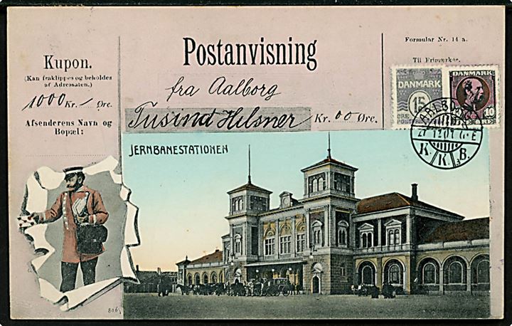 Aalborg, Postanvisning-hilsen med prospekt af jernbanestation. L. Levin u/no.