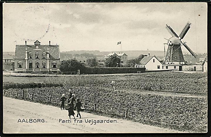 Aalborg, Parti fra Vejgaarden med Vejgaards Afholdshjem og mølle. Stenders no. 12104.