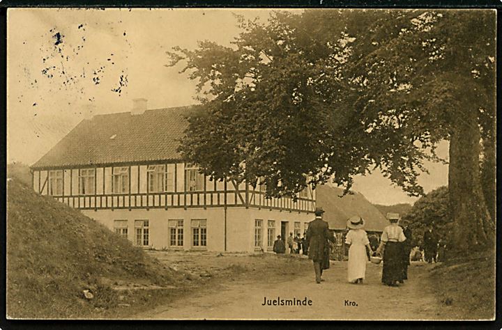 Juelsminde kro. U/no. Frankeret med 5 øre Fr. VIII annulleret med bureaustempel Horsens - Juelsminde T.7 d. 23.12.1910 til København.