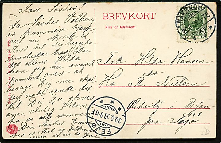 Nakskov, Bredgade. Stenders no. 12295. Frankeret med 5 øre Fr. VIII fra Nakskov d. 29.6.1908 til Østerby på Fejø. Ank.stemplet brotype Ia Fejø d. 30.6.1908.