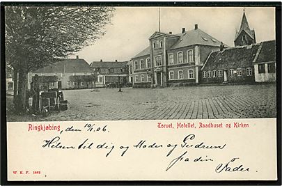 Ringkøbing, Torvet med hotel, rådhus og kirke. Warburgs Kunstforlag no. 1862.