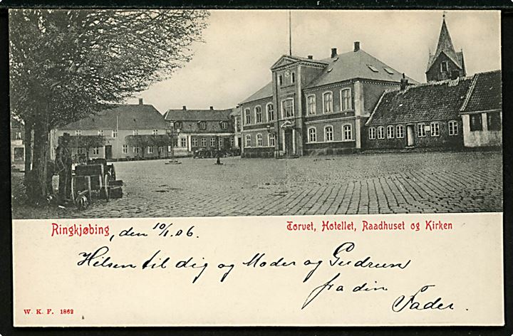 Ringkøbing, Torvet med hotel, rådhus og kirke. Warburgs Kunstforlag no. 1862.