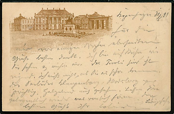 Købh., Amalienborg. L. Levison Junr. (LL18, Serie D) fra 1889. Anvendt fra Kjøbenhavn 1891 til Dresden, Tyskland.