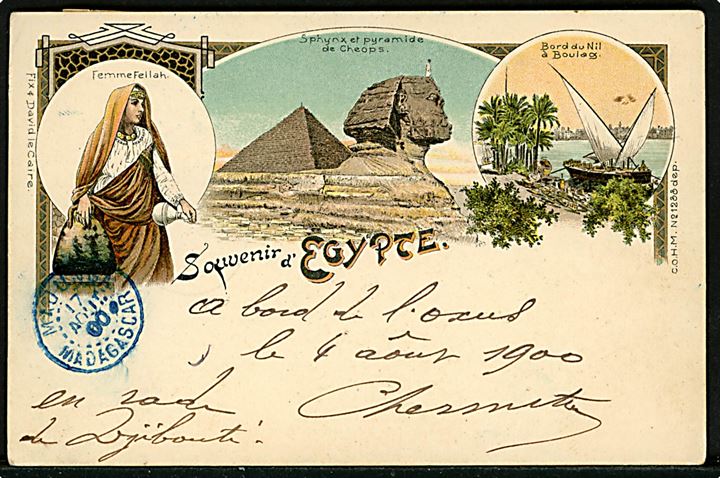 Egypten, Souvenir d'Egypte med Nilen, pyramider og kvinde. Frankeret med Fransk Somalikyst 10 c. utakket annulleret med svagt stempel i Djibouti d. 4.8.1900 til Majunga, Madagascar. 