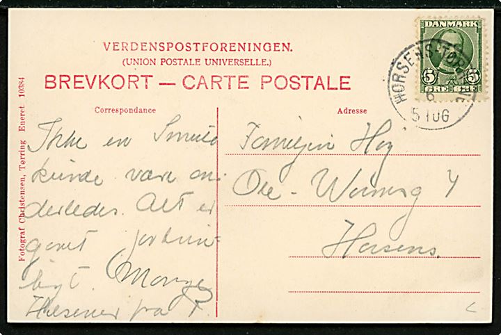 Alsted vandmølle ved Tørring. Christensen no. 10384. Frankeret med 5 øre Fr. VIII annulleret med lapidar bureaustempel Horsens - Tørring 5 Tog d. 17.6.190? til Horsens.