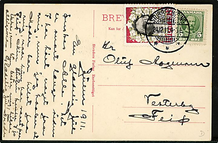 Fritz Kraul: Nissepar i automobil. Glædelig Jul. Stenders u/no. Frankeret med 5 øre Fr. VIII og Julemærke 1911 stemplet Stubbekjøbing d. 24.12.1911 til Vesterby på Fejø.