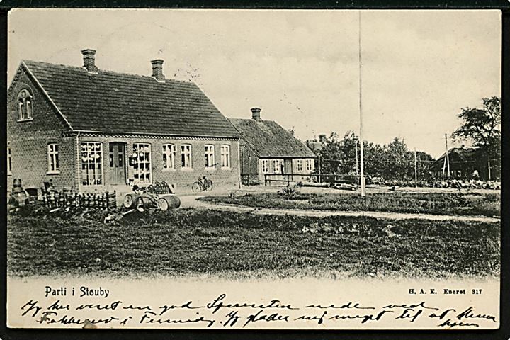 Stouby, parti fra. H. A. Ebbesen no. 317. Med 5 øre Chr. IX, annulleret med Stjernestempel STOUBY, bureau sidestempel Horsens - Juelsminde d. 23.03,1906 T.7 til København. 