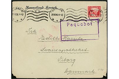 20 aur Gullfoss på brev fra Havnefjord Apotek annulleret med norsk stempel i Bergen d. 28.9.1936 og sidestemplet Paquebot til Viborg, Danmark. Slidt i hjørner. 