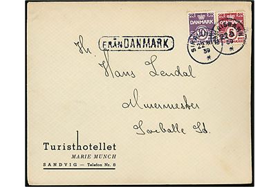 5 øre og 10 øre Bølgelinie på firmakuvert fra Turisthotellet i Sandvig annulleret med svensk stempel i Simrishamn d. 22.6.1939 og sidestemplet Från Sverige til Svebølle. Sjælden skibspost fra Bornholm via Simrishamn.