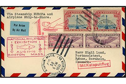 Amerikansk 20 cents frankeret luftpostbrev fra frimærkeudstilling i Boston d. 12.8.1930 til Rønne, Danmark. Påskrevet via Steamship EUROPA and Airplane Ship-to-Shore med tyske Katapultflug stempler, samt transit stempel København Luftpost d. 23.9.1930 og ank. Rønne d. 24.9.1930.