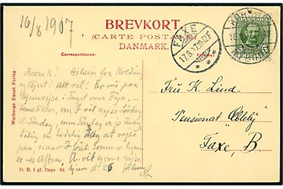 5 øre Fr. VIII på brevkort fra Kolding annulleret med sejlende bureaustempel Korsør - Nyborg T.44 d. 16.8.1907 til Faxe. 