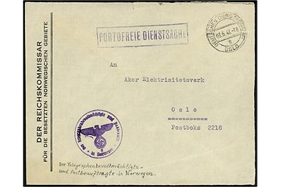 Ufrankeret fortrykt kuvert fra Der Reichskommissar für die besetzten Norwegischen Gebiete mærket Portofrie Dienstsache og stemplet Deutsche Dienstpostamt Oslo d. 3.6.1943 til Oslo. Briefstempel fra Der Telegraphenbevollmächtigte und Postbeauftragte in Norwegen.