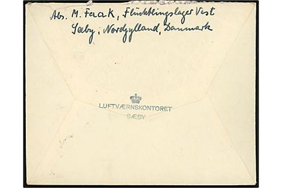 5 øre Bølgelinie, 20 øre og 40 øre Chr. X på brev fra Sæby d. 26.4.1946 til Britisk Røde Kors i London, England. Sendt fra Flüchtlingslager Vest i Søby med stempel: (krone) / Luftværnskontoret Sæby.