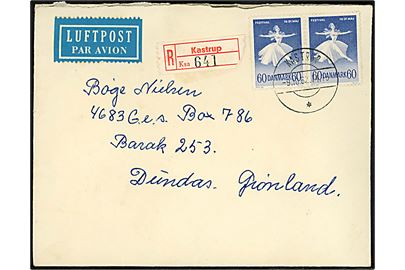 60 øre Balletfestival i parstykke på anbefalet luftpostbrev annulleret brotype IId Kastrup * d. 9.10.1962 til dansk arbejder på Thulebasen, Dundas, Grønland.