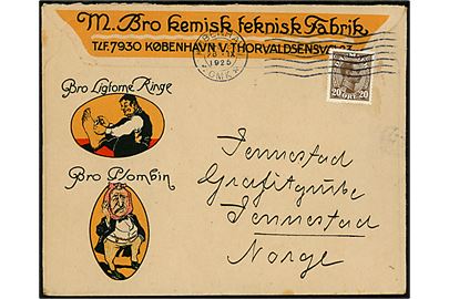 20 øre Chr. X på illustreret firmakuvert fra M. Bro kemisk teknisk Fabrik i København d. 28.9.1925 til Jennestad, Norge. Flotte reklamer for Bro Ligtorne Ringe, Bro Plombin og på bagsiden Bro Luxus Creme. Indeholder brev på illustreret brevpapir. 