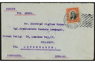 20 c. på brev fra Valparaiso, Chile d. 20.8.1914 til Direktør Sigfred Ryder, Kongelig Grønlandske Handels Kompagni med privatadresse i Hellerup, Danmark. Sigfred Carl Ryder (1859-1921) var direktør for KGH i årene 1912 til hans tidlige død i 1921.