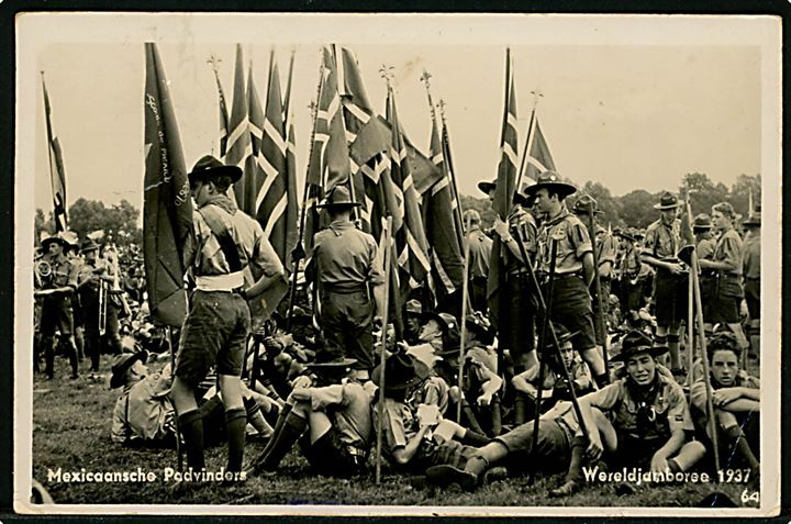 Hollandsk 1½ c. og 5 c. Jamboree udg. på brevkort (Mexicanske spejdere ved Verdensjamboree 1937) annulleret med særligt spejder særstempel Bloemendaal Vogelenzang Wereld Jamboree 4 d. 6.8.1937 til Agersø, Danmark.