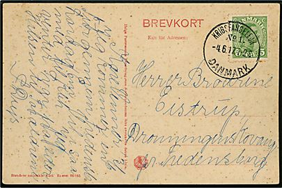 5 øre Chr. X på brevkort annulleret med brotype IIIb Krigsfangelejr No. 1. Danmark (= Lazaretlejren ved Horserød) d. 4.6.1917 til Fredensborg.