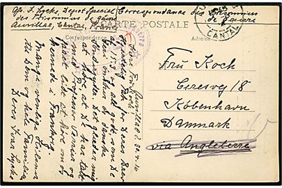 Ufrankeret krigsfangekort fra sønderjysk fange, Ivar Lycke, i særlejr Aurillac d. 30.4.1916 til København, Danmark. Ovalt lejrcensurstempel. 