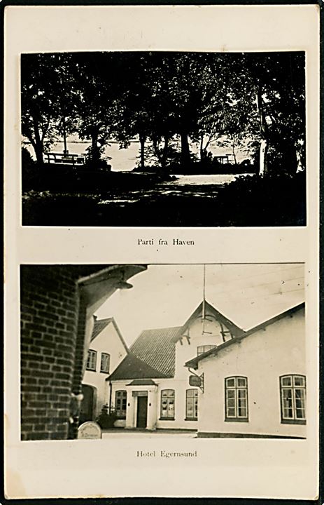 Egernsund Hotel, set fra gaden og udsigt fra haven. 