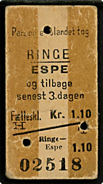 Togbillet. Ringe - Espe og tilbage senest 3. dagen. Fælleskl. kr. 1.10. Brugt 1953.