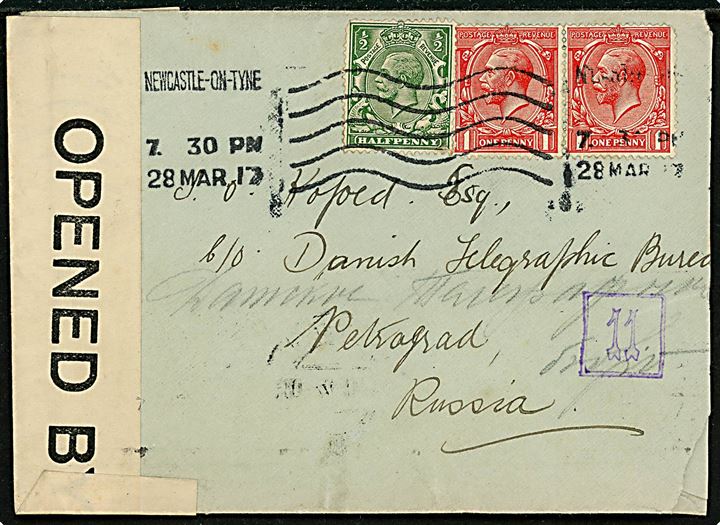 ½d og 1d (par) George V på brev fra Newcastle-on-Tyne d. 28.3.1917 til J. O. Kofoed c/o Danish Telegraphic Bureau, Petrograd, Rusland. Åbnet af britisk censur no. 926 og ank.stemplet i Petrograd d. 13. on 20.4.1917. Interessant indgående brev sendt kort efter Martsrevolutionen i Petrograd 1917.