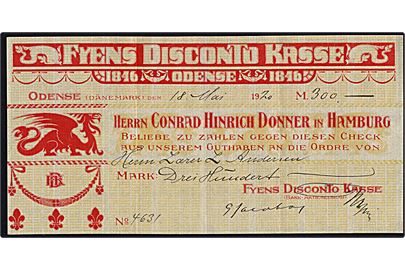 Fyens Disconto Kasse. Check fra Conrad Hinrich Donner i Hamburg på 300 mk. dateret d. 18.5.1920.