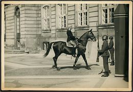 Købh., Amalienborg med Chr. X til hest og garder i feltuniform og med stålhjelme. Fotografi 11½x17 cm.