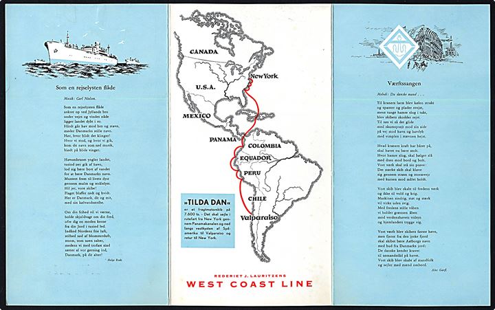 Tilda Dan, M/S, rederiet J. Lauritzen. Folder i anledning af søsætning ved Aalborg Værft d. 29.10.1954. Indeholder bl.a. sange, kort over fremtidige ruter West Coast Line, samt menukort.