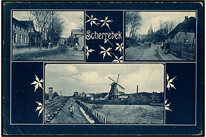 Scherrebek (Skærbæk) partier med mølle. M. Glückstadt & Münden no. 38373. Anvendt som ufrankeret feltpost fra Scherrebek *(Schleswig)* d. 8.10.1915.
