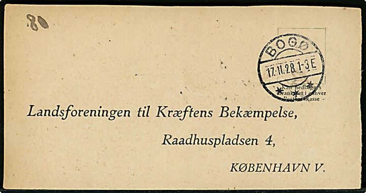 Ufrankeret svartryksag med brotype IIa Bogø d. 17.11.1928 til Kræftens Bekæmpelse i København. 